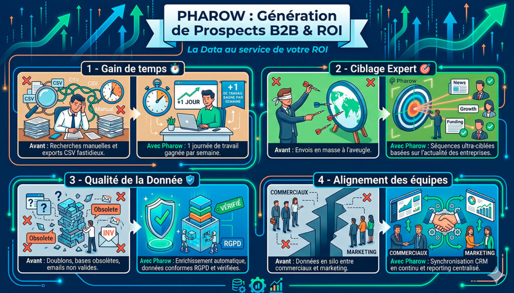 Infographie illustrant les bénéfices de la plateforme Pharow pour qualifier tes leads : gain de temps, ciblage expert, qualité de la donnée et alignement des équipes.