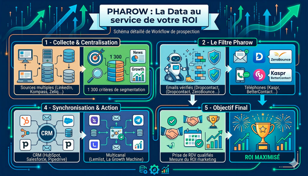 Schéma détaillé du workflow de prospection B2B avec Pharow, de la collecte des données jusqu'à la prise de rendez-vous, idéal pour qualifier tes leads et maximiser le ROI marketing.