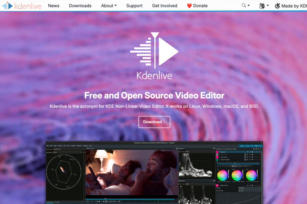 Capture d'écran du site kdenlive.org