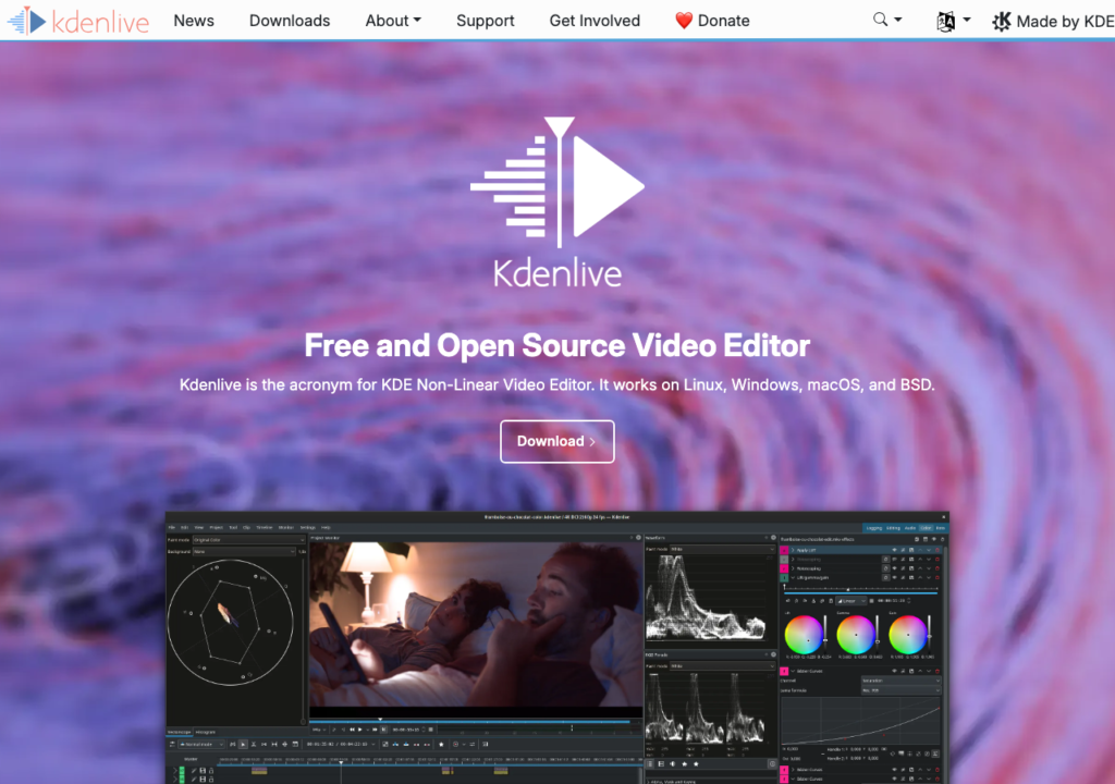 Capture d'écran du site kdenlive.org